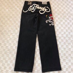 Ed Hardy NWOT Wide Leg  Black Embroidered Logo Jeans with Skull Accent